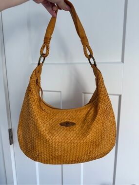 Elliott Lucca Woven Leather Hobo Shoulder Bag Mustard Cognac Large Tote